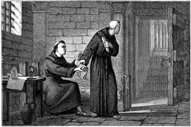 Roger Bacon in zijn cel in Parijs