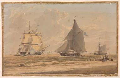 Koninklijk Marinezeilschip aan de kust, begin 19e eeuw