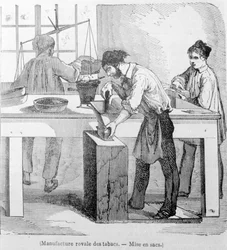 Koninklijke Tabaksfabriek: de tabakszak. Gravure uit de 19e eeuw