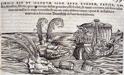 Zeelieden gooien vaten in zee om monsters af te leiden. Gravure in 