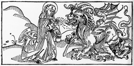 Sint Martha en de Tarasque - Gravure uit “Leben der Heiligen - sommerteil” (Het boek van de heilige) door Jacobus (James) van Voragine (1228-1298). Lübeck 1488.