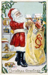 Kerstman bereidt cadeaus voor - Kerstkaart. Amerikaanse wenskaart sd. eind 19e eeuw.