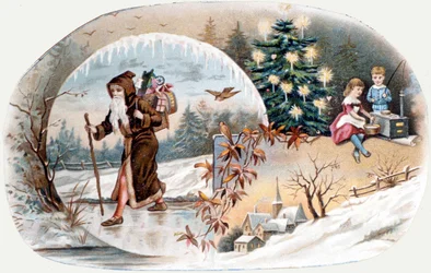 Kerstman brengt cadeaus aan de kinderen. Chromolithografie van het einde van de 19e eeuw.