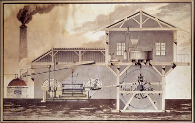Wetenschap en technologie: een stoommachine, snijdend een korenmolen. Tekening door Edouard Bury. 1796. Parijs, Conservatoire National des Arts et Métiers