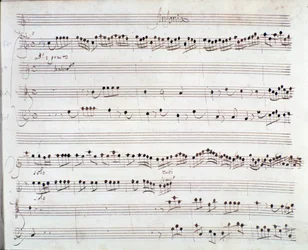 Bladzijde met bladmuziek voor „De kroning van Darius” van Giuseppe Aldrovandini (1703)
