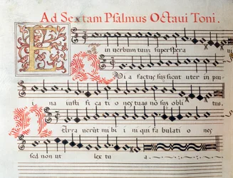 Bladmuziekpagina van een heilig werk door Giovanni Giacomo Gastoldi