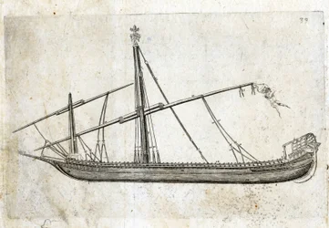 Zijaanzicht van een galei. Gravure uit de 18e eeuw.