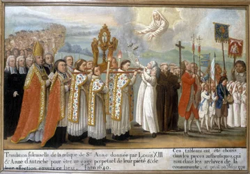 Plechtige overbrenging van het relikwie van Sint Anna geschonken door Lodewijk XIII en Anna van Oostenrijk als een eeuwigdurend teken van hun vroomheid en genegenheid voor deze plaats, in het jaar 1640 - Ex-Voto van Sainte-Anne d