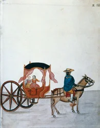 Spaanse vrouwen in een door een Indiaan getrokken koets, uit het boek "Trujillo del Peru" of "Códice Martínez Compañón", door Baltazar Martinez Compañón y Bujanda, bisschop van Trujillo (1782-1785)