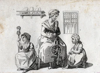 Spinnen: moeder en haar dochters spinnen wol. De vrouw gebruikt een spinnewiel en haar dochter gebruikt een riet. Gravure eind 18e eeuw. Privécollectie.