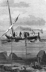 Sponsvissen langs de kust van Syrië: duikers dalen af om de sponzen met de hand op te rapen. Gravure uit de 19e eeuw