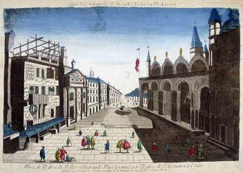 Plein van de Kerk van San Marco en het Grote Plein voltooid door de Kerk van San Geminiano in Venetië. Gravure uit de 18e eeuw