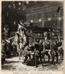Straatartiesten: jongleurs, balancers en acrobaten, in nachtvoorstellingen, op de jaarlijkse Asaksa Fair, Tokio Tempel. Gravure ter illustratie van de reis naar Japan, door Aime Humbert, minister van de Zwitserse Confederatie, in 1863-1864, gepubliceerd in