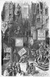 Straatscène in de Middeleeuwen. Gravure uit de 19e eeuw.