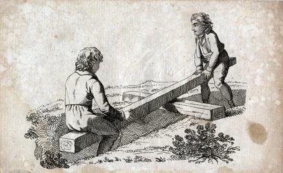Schommel: twee kinderen op een schommel. Gravure eind 18e eeuw. Privécollectie.