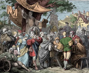 Tetzel verkoopt aflaten - Johann Tetzel (1465-1519), Duits dominicaans priester, verkoopt aflaten voor de bouw van de Sint-Pietersbasiliek in Rome, circa 1515