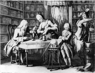 De apotheker. Gravure uit de 19e eeuw.