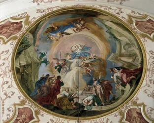 De Hemelvaart van de Maagd. Fresco van het gewelf, abdijkerk van Ebersmunster, Elzas