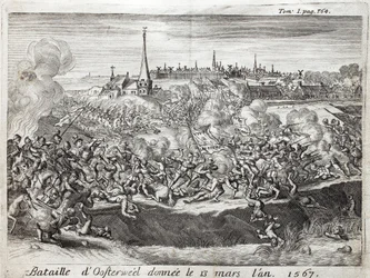 De Slag bij Oosterweel (Nederland), gehouden op 13 maart 1567, de eerste confrontatie van de Tachtigjarige Oorlog (1567-1648). Gravure ter illustratie van 