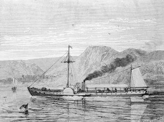 De Clermont, een boot gebouwd in 1807 door Robert Fulton om de verbinding New York - Albany op de Hudson River te verzorgen. Gravure 19e eeuw