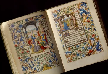 De doornenkroning. Dubbele pagina van een geopend handschrift van het „Getijdenboek van Maria van Bourgondië (1457-1482)” (Cod. 1857), eind 15e eeuw, Oostenrijkse Nationale Bibliotheek, Wenen