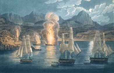 De Engelsen vernietigen Franse schepen in de Baai van Sagone, Corsica op 30 april 1811