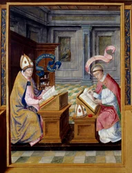 De bisschop van Jeruzalem Sint Cyrillus (315-386) en Sint Augustinus (354-430). Miniatuur op 16e-eeuws perkament. Ecouen, Nationaal Renaissance Museum