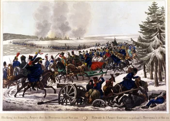 De Franse troepen trokken zich terug door de Beresina (Berezina) over te steken op 26/11/1812. Gravure uit de 19e eeuw.