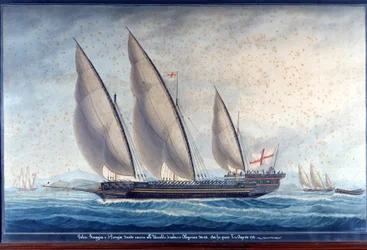 De Genuese galeien Raggia en San Giorgio achtervolgen de Algerijnse chebec Uccello. 11 augustus 1788