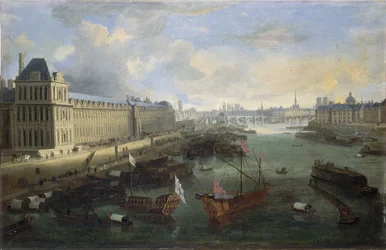 De Grande Galerie van het Louvre, de Pont-Neuf, de Cité, het Collège des Quatres-Nations, ca. 1670 Op de Seine, de koninklijke galei, tussen 1670 en 1685