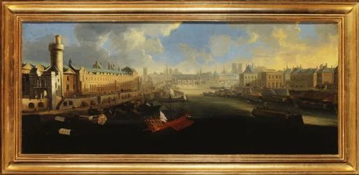 De Grande Galerie van het Louvre, met de Porte Neuve, de Pont-Neuf, de Cité, het Collège des Quatres-Nations in aanbouw en de Quai Malaquais