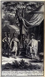 De Grieken, verbaasd over hun nederlaag, sturen Ulysses, Ajax en Phoenix naar Achilles om hem te smeken terug te keren naar het kamp. Deze prins wijst hun smeekbeden trots af en stuurt hen hard terug. Illustratie van boek IX van de Ilias van Homeros, Frans