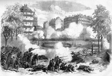 De Parijse Commune in 1871. Aanval op de barricades van de federes (communards) voor het Pantheon door het legerkorps van generaal de Cissey op 24 mei 1871, aan het begin van de bloedige week (22 - 28 mei 1871).