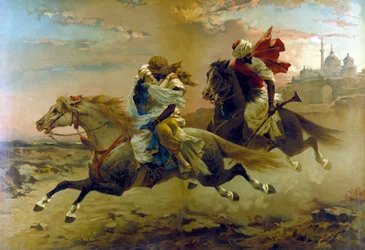De ontvoering uit de harem: twee Moorse ruiters ontvoeren een jonge vrouw.