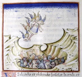 De engel kijkt naar de hel. Manuscript uit de 15e eeuw