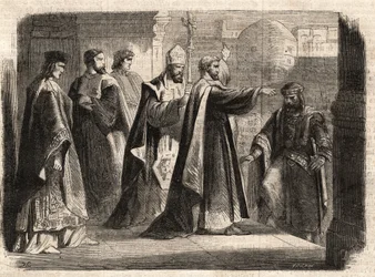 De aartsbisschop Sint Ambrosius van Milaan (Aurelius Ambrosius, Ambrogio di Milano (340-397) verbood de toegang tot de kerk aan de Romeinse keizer Theodosius I (Flavius Theodosius) (347-395) om hem te straffen voor het bloedbad van Thessaloniki in 390 - Ex