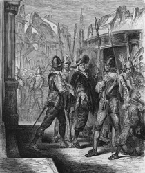 De arrestatie van Pierre Brousel (1575 - 1654) in 1648, in opdracht van Anna van Oostenrijk, wat de opstand van het volk (dagen van de barricades) en de Fronde veroorzaakte. Gravure uit 1866.