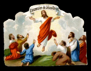 De hemelvaart van Christus naar de Olijfberg voor de apostelen. Chromolithografie uit de 19e eeuw.