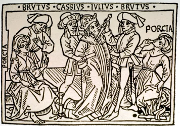 De moord op Julius Caesar (100-44 v.Chr.): hij wordt door Brutus en Cassius neergestoken terwijl Porcie, de vrouw van Brutus, verdwijnt. Houtsnede uit de 16e eeuw, Rome, Biblioteca Vallicelliana © Luisa Ricciarini/Leemage