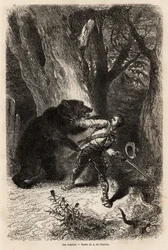 De auteur, tijdens een excursie rond Jacksonville, wordt in het bos verrast door een tamme beer en ketting. Gravure ter illustratie van het verhaal vier maanden in Florida, door Achille Pousselgue in 1851-1852, gepubliceerd in 