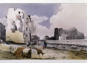 De oevers van de Seine en de Notre Dame de Paris - lithografie