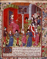 Het blinde Fortuin dat het Rad draait, de mensen ervoor zijn de allegorie van het Lot, Geluk en Ongeluk, miniatuur uit 