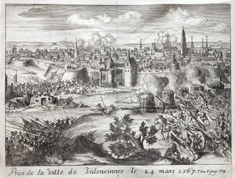 De stad Valenciennes (Frankrijk) werd ingenomen op 24 maart 1567. Eerste slag van de opstand van de Geuzen (begin van de Tachtigjarige Oorlog (1568-1648)). Gravure ter illustratie van 