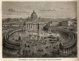 De colonnades van Sint-Pieter in het Vaticaan, gebracht door Bernini (1598-1680) in 1655, op een elliptisch vlak, dat een gemeenschappelijke plaats werd van barokke en rococo-architectuur. Gravure ter illustratie van de reis naar Rome, door Francis Wey, in