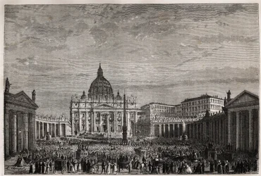 De menigte stroomde naar het Sint-Pietersplein in het Vaticaan om de grote zegen van Pasen te ontvangen door paus Pius IX (1792-1878). Gravure ter illustratie van het verhaal van de Heilige Week in Rome, in 1863, door Ludovic Celler, in 