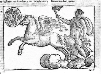 De dageraad (de wagen van de zon). Allegorie van de zonsopgang met de personages uit de Griekse en Romeinse mythologie in de lucht. Gravure uit 