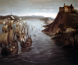 Het vertrek van Christoffel Columbus uit Palos. 19e eeuwse chromolithografie