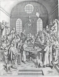 De dissectie Groep van artsen en wetenschappers verzameld om een dissectie te volgen in een amfitheater. Gravure uit 1788