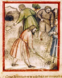 De afgunstige Filistijnen vullen de holle putten van Isaak (miniatuur uit codex 212)