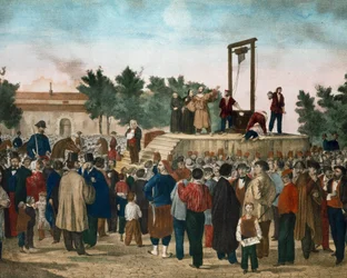 De executie op 13/03/1858 van Felice Orsini (1819 - 1858) en Pieri die de aanslag van 14 januari 1858 tegen Napoleon III uitvoerden op Place de la Roquette in Parijs Lithografie van het einde van de 19e eeuw. Milaan privécollectie